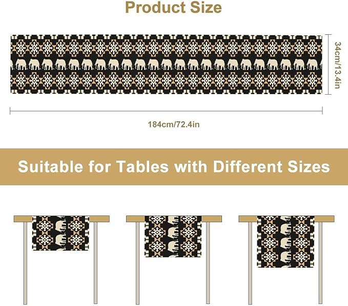 African Table Runner, African Art Elephants Geometric Tribal Ethnic Table Runner for Dining Kitchen Farmhouse Party Coffee Home 13x90in