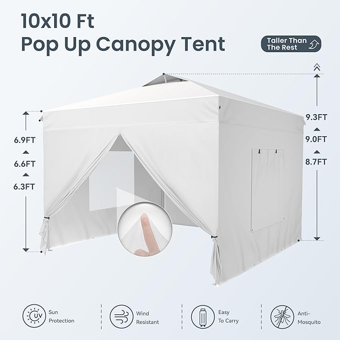 PHI VILLA 10x10 Pop Up Canopy Tent with Sidewalls - Easy Up Tent with Mesh Windows for Ventilation, Waterproof Design - Ideal for Parties, Beach, and Outdoor Events (White)