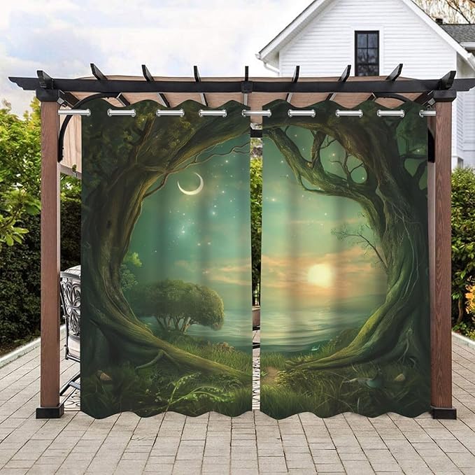 Forest Theme Outdoor Curtains for Patio Waterproof,Trees Moon Lake Pattern,Weatherproof Outside Curtain for Cabana, Porch, Pergola and Gazebo,Set of 2 Panels,W42 x L84,Green