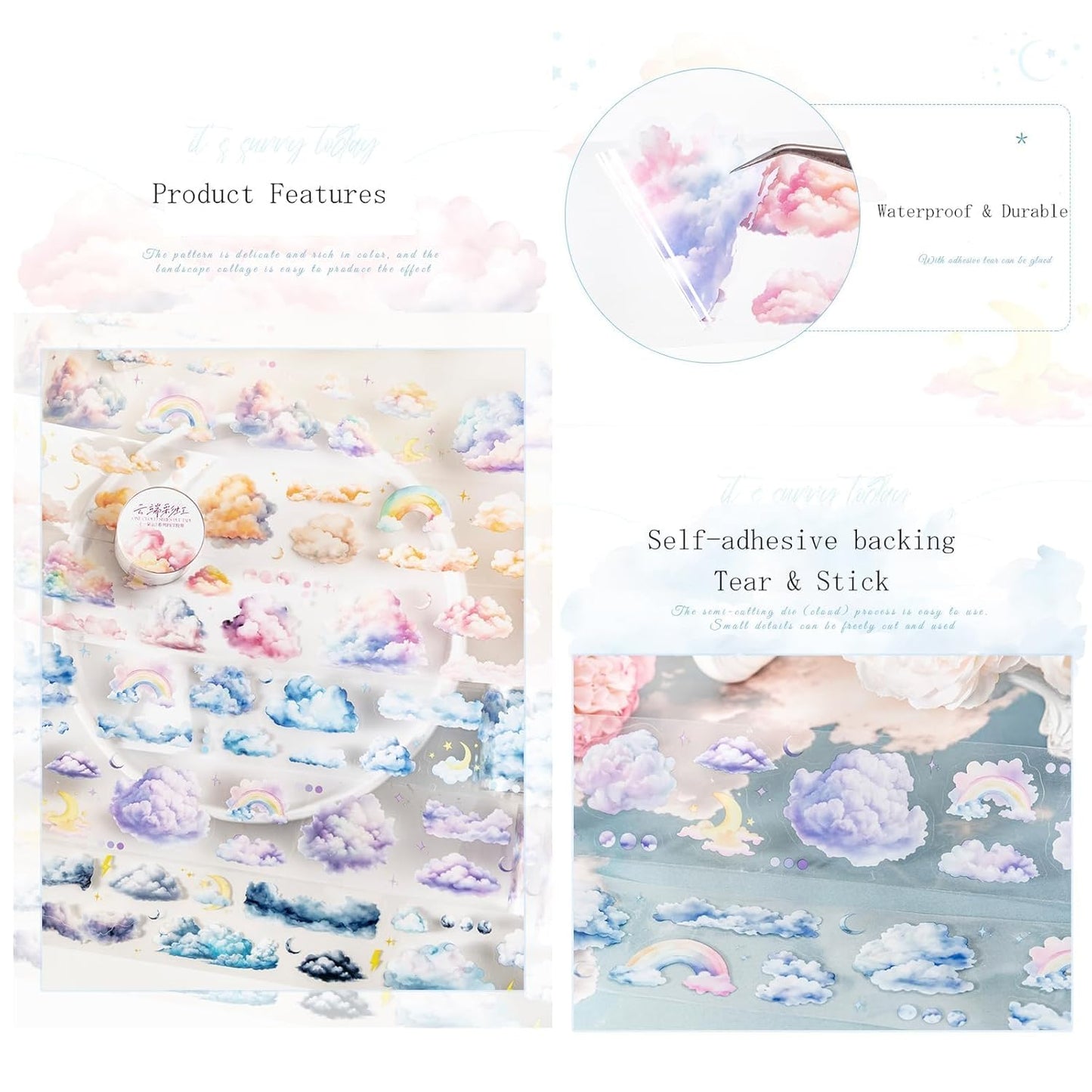 6 Rolls Cloud PET Tape Set,Pre-Cut Sky Ephemera Stickers for Scrapbook Supplies,Journaling,Junk Journal,Scrapbooking,Crafting,DIY Projects, Diaries(Cloud)