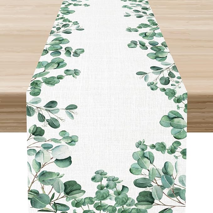 Farmhouse Table Runner, Green Eucalyptus Spring Summer Seasonal Plants Rustic Country Cafe Coffee Table Center Decor for Home Kitchen Dining Patio Indoor Outdoor Table Decorations, 13"x108" Inch