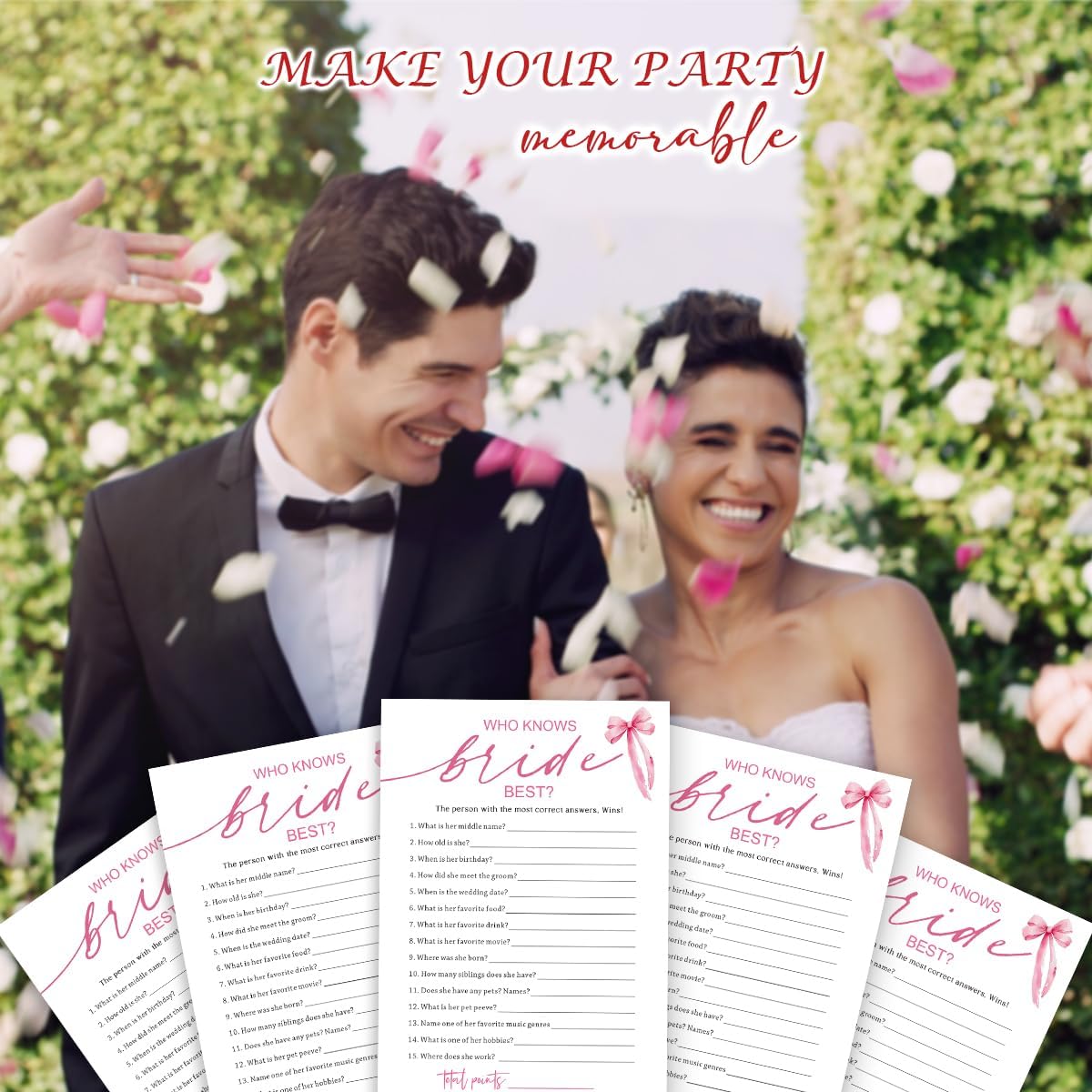 Wedding Shower Games Cards, Who Knows The Bride Best, Bridal Shower Games 25 Guests, Engagement Party Wedding Games for Guests, Pink Ribbon Bow Wedding Party Supplies - E03