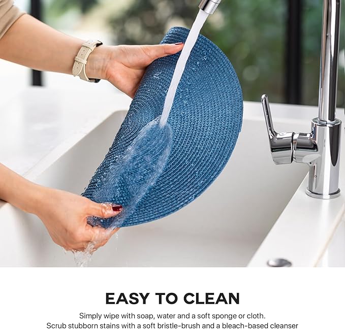 Round Placemats Set of 4 Plastic Woven Placemats Washable Wipeable Table Mats for Dining Table Heat Resistant Non-Slip Circle Place Mats (Royal Blue)
