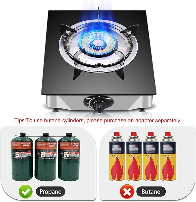 Single Burner Propane Stove, Portable Tempered Glass Camping Stove Propane with Auto-Ignition, 10236 BTU Burners for Cooking, Outdoor, Camping, RV & Emergency Use