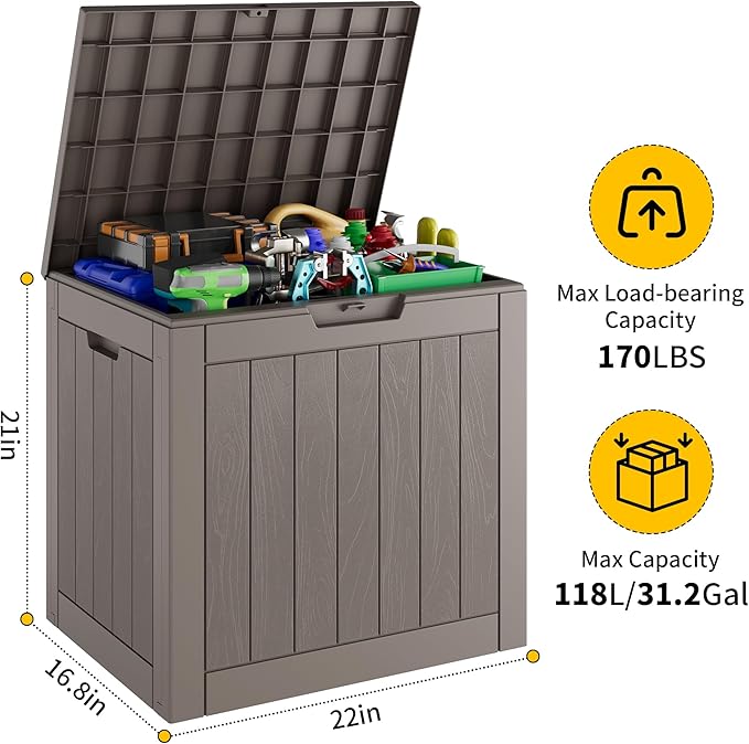 31 Gallon Outdoor Storage Deck Box Waterproof,Garden Tool,Backyard Cushion,Poolside Storage,Small Delivery Boxes for Outside,Lockable Lid,Wood-like Striped Black