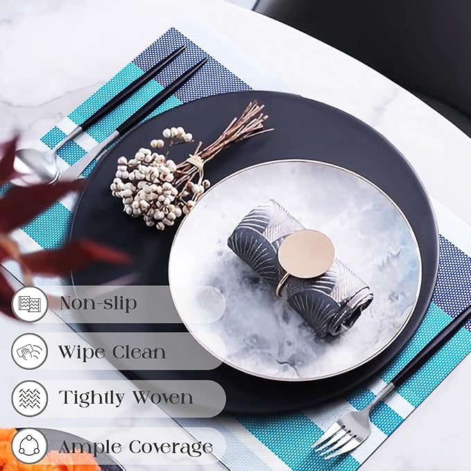 Set of 6 Colorful Striped Vinyl Placemats Heat-Resistant Washable Placemats Non-Slip Woven Table Mats Wipeable Placemat for Kitchen Dining Table Decoration Indoor Outdoor (Ocean Blue)