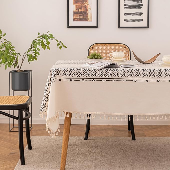 Waterproof Tassels Tablecloth, Bohemian Orange Colorful Table Cloth,White Black,Rectangle for 8 Foot,Fall Summer Dining Table Cover,Mexican,Indoor Outdoor,Farmhouse,Cute Vintage,Cotton