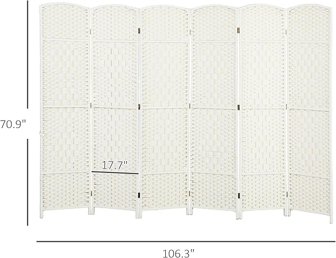 HOMCOM 6 Panel Room Divider, 6' Tall Folding Privacy Screen, Hand-Woven Freestanding Wall Partition for Home Office, Bedroom, White