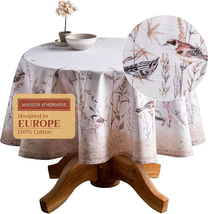 Maison d' Hermine Table Cloth Round Table 100% Cotton 63 Inches Tablecloth Reusable Decorative for Dining Room, Farmhouse, Home, Party, Festive & Wedding Spring Summer - Meadow Florals - Brown