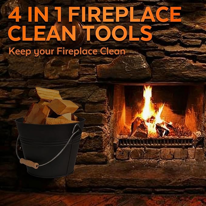 Small Ash Bucket with Lid and Shovel, Metal Fireplace Ash Bucket with Broom, Complete Fireplace Tools Set for Wood Stove and Fireplace, Black