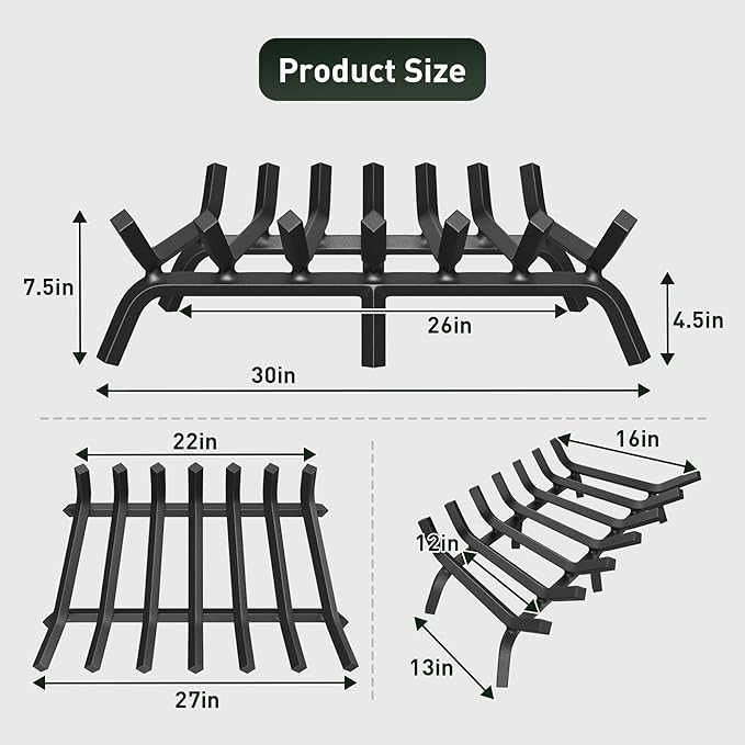 mestyl Fireplace Grate 30 Inch Heavy Duty Wrought Iron Fireplace Log Grate, 4/5" Bar Fire Grates, Firewood Log Burning Rack for Outdoor Wood Stove Pit & Fireplace Log Holder Indoor