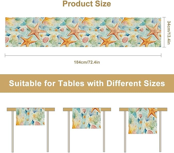 Starfish Conch Shell Table Runners, Season Coastal Marine Life Table Runners for Kitchen Dining Outdoor Home Party 13x108in