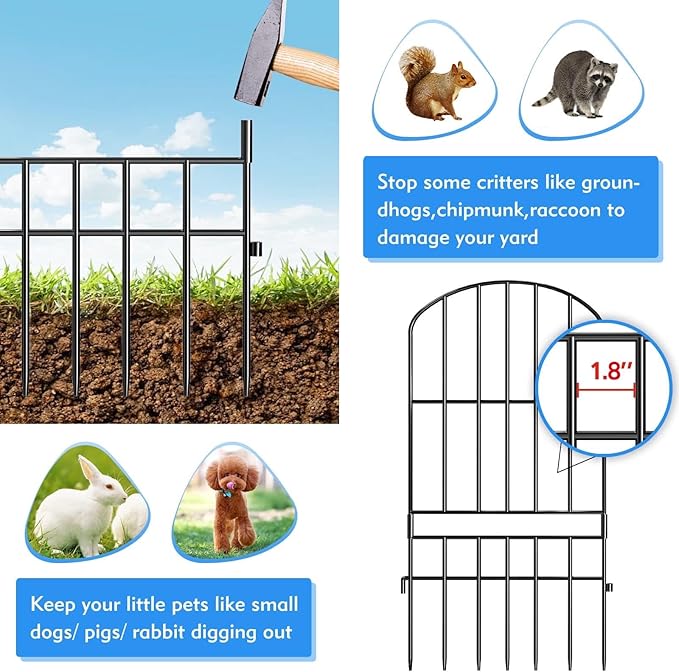 Adavin Animal Barrier Garden Fence,15 Pack Black 12''L x 25" H no dig Fence, Underground dig Protection for Dog Rabbits Rustproof Metal Wire Panel Border, 15 ft Ground Stakes for Outdoor Patio