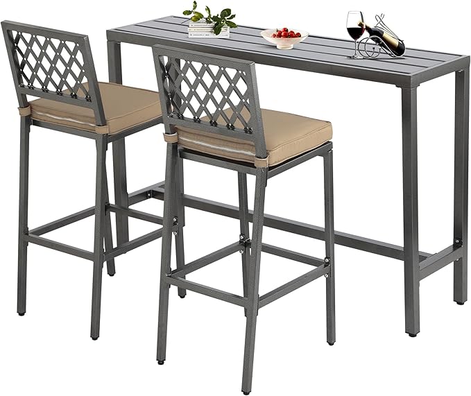 3-Piece Outdoor Patio Bar Set, Bar Height Patio Dining Set, Weather-Resistant Bistro Counter Pub Set with Cushions & Slatted Tabletop for Backyard, Garden, Yard