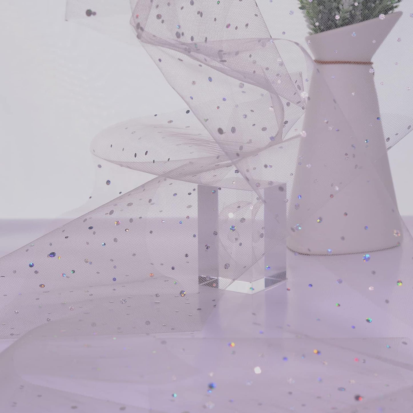 Glitter Tulle Rolls, 6” by 50 Yards (150FT) Sequin Tule Netting Fabric Tulle for Tutu Skirts Sewing Birthday Wedding Party Decoration (Sliver)