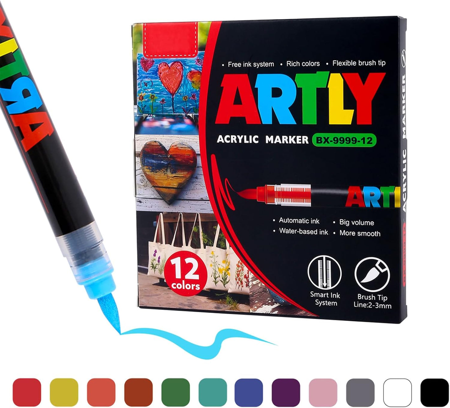 Acrylic Paint Markers, Acrylic Paint Pens, Fabric Markers for Textile, Rock, Glass, Wood, Paper, Ceramic, Canvas DIY Art Supplies Kit for Kids and Adults (12)
