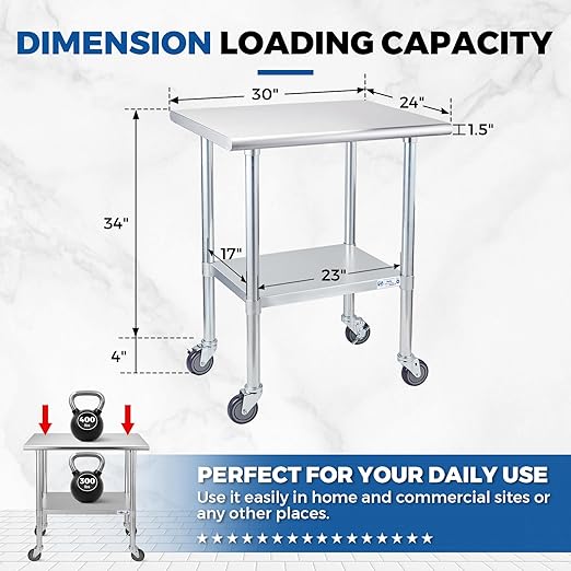 Profeeshaw Stainless Steel Table with Wheels 24x30 Inch, NSF Commercial Kitchen Prep & Work Table with Undershelf and Galvanized Legs for Restaurant, Bar, Utility Room and Garage Heavy Duty Table