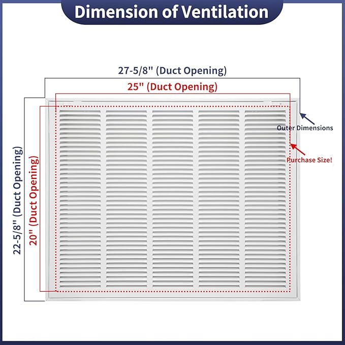 25"W x 20"H [Duct Opening Size] Steel Return Air Filter Grille - Removable Face/Door for 1 inch Filters -HVAC Vent Cover Grill - White [Outer Dimensions: 27 5/8"W X 22 5/8"H]