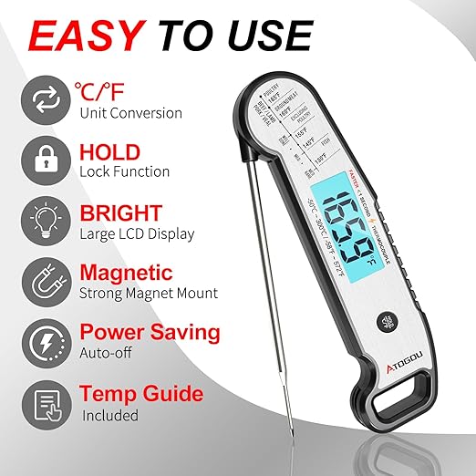 Atogou Professional Food & Meat Thermometer, 1 Sec Instant Read & ±0.5℉ Accuracy, Thermocouple Sensor, IP67 Waterproof Digital Thermometer for Cooking, BBQ, Grill Gifts for Men Him Dad Birthday