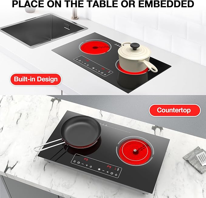 Electric Cooktop,110V 2400W 2 Burner Electric Cooktop,Countertop and Built-in Stove top with 9 Power Levels,Child Safety Lock, Timer, LED touch control,Overheat Protection