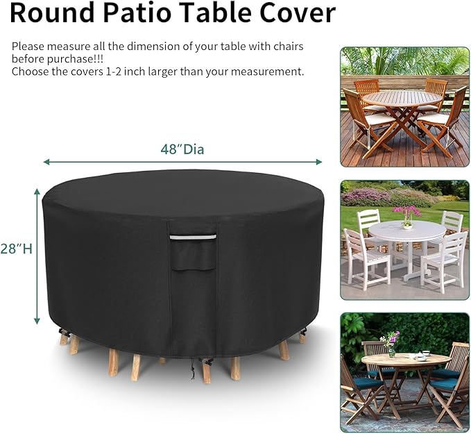 Round Patio Furniture Covers, 500D Heavy Duty Waterproof UV Resistant Cover for Round Outdoor Dining Table & Chairs,48" Dia x 28" H -Black