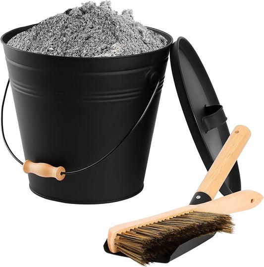 FEED GARDEN 3.5 Gallon Ash Bucket with Lid,Shovel,Broom and Screwdriver, Ash Can for Fireplace Fire Pits,Hearth,Wood Stoves,Fireplace Galvanized Iron Bucket,Pellet Charcoal BucketIndoor Outdoor，Black