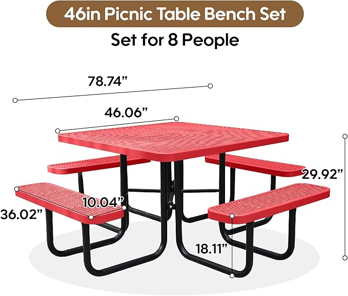 46'' Square Metal Picnic Table for Outdoors, Commercial Steel Metal Picnic Tables, Heavy Duty Sturdy Picnic Tables Furniture Set for Patio Garden Courtyard BBQ, with Umbrella Hole, Red