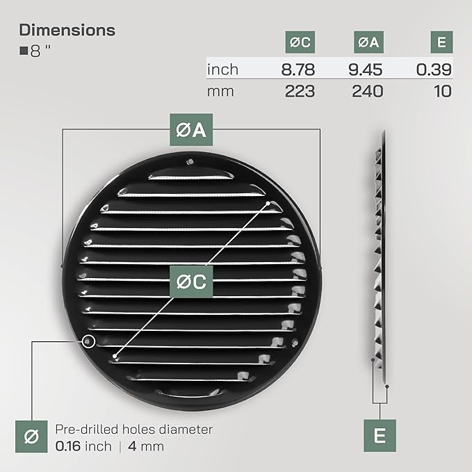 Vent Systems 8" Inch Black Round Soffit Vent Cover - Air Vent Louver with Built-in Mesh Screen – Wall or Ceiling Ventilation Grille for Intake/Exhaust HVAC Systems – Indoor and Outdoor Use