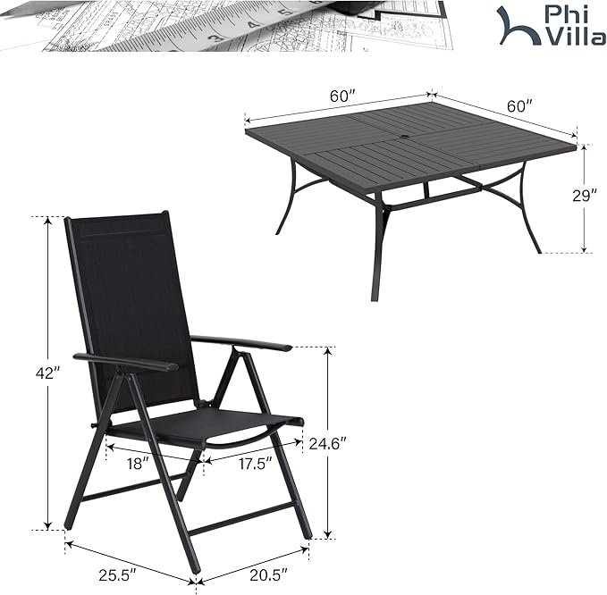 PHI VILLA 9 Piece Patio Dining Set, Outdoor Dining Furniture Patio Table Set with Adjustable Portable Patio Folding Chairs (Black) & Large Square Outdoor Dining Table for Yard, Garden and Lawn