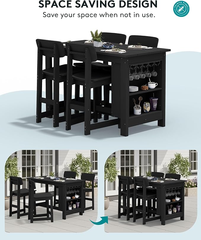 SERWALL Outdoor Bar Table and Chairs Set, 3-Piece HDPE Counter Height Patio Dining Sets with Storage and Wine Rack, Rectangular High Top Bar Table with 2 Bar Stools for Garden, Backyard, Black