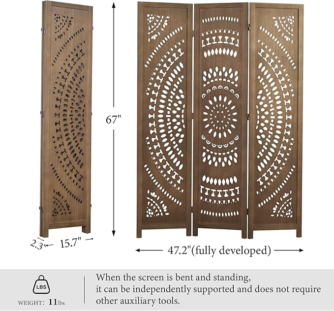 Room Divider Wood Carved Wall Divider Indoor Folding Bohemian Style Portable Partition Screen for Home Office Garden Terrace - 3 Panels (Brown)