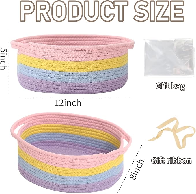 Woven Basket,Small Rope Storage Bin with Handles & Ribbon Bag, Organizer for Shelves Closets,Gift Basket Empty for Birthday,Books,Dog Toys, Rainbow