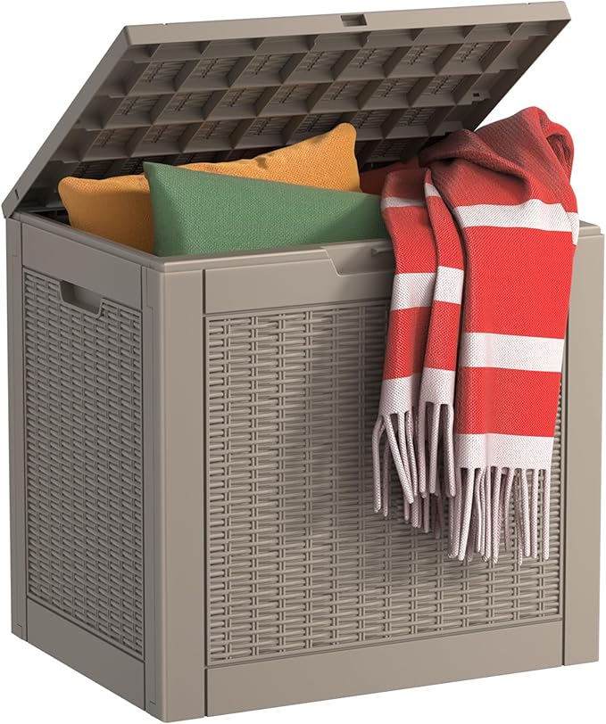 EasyUp 31 Gallon Outdoor Storage Box, Resin Waterproof UV-Resistant Deck Box, Reinforced Stability for Patio, Garden, and Poolside, Rattan Gray