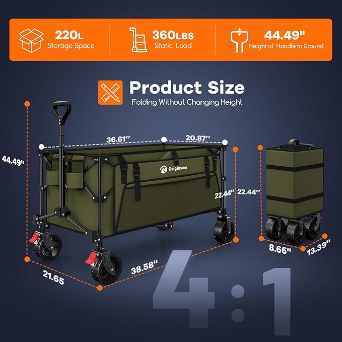 220L Collapsible Wagon Cart Foldable, 38" L Extra Large Heavy Duty Folding Beach Wagons with All-Terrain Wheels, Utility Carts for Camping, Sports, Shopping, Groceries - Green