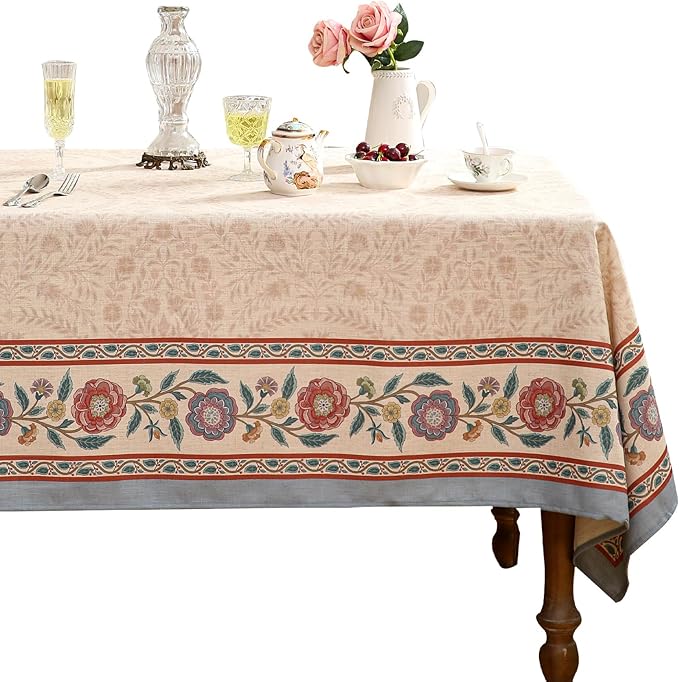Beige Linen Square Tablecloth,Vintage Indian Style Soft and Colorfast Floral Tablecloths,Decorative Table Cover for Kitchen,Dining,Party,Thanksgiving,Christmas,67"*67"-Flowershadow E