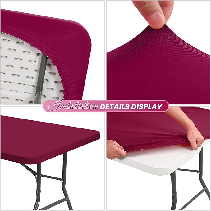 6 Pack Stretch Fabric Table Top Cap Cover, Wine Red Table Covers fits 8Ft Tables, Washable Elastic Universal Rectangle Tablecloth Protector for Indoor Outdoor Party Picnic Wedding (30" W x 96" L)