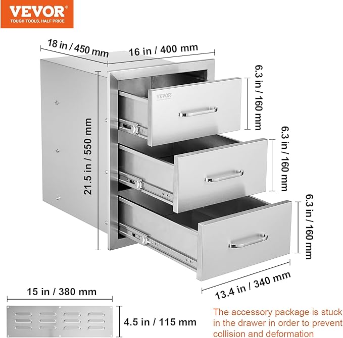 VEVOR Outdoor Kitchen Drawer Cabinets 16" W x 21.5" H x 18" D, BBQ Drawer Stainless Steel, Flush Mount Triple Access, with Handle, BBQ Island, Outdoor Grill Patio Grill Station