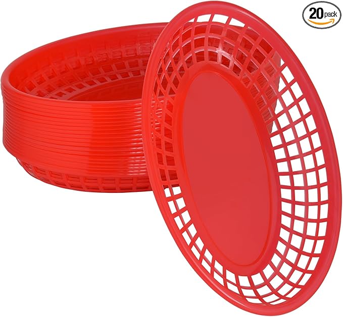 20 Pack Plastic Fast Food Baskets, 8.8" × 5.5" Small Oval Restaurant Serving Baskets Tray for Burgers, Sandwiches, Hot Dogs, Parties, Food Trucks, Reusable or Disposable, Stackable(Red)
