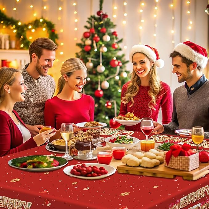 Merry Christmas Party Table Cloth Decorations Red Orange Gingerbread Plastic Xmas Tablecloths - 54x108inch Snowflake Christmas Tree Disposable Table Cover for Holiday Indoor Outside Home