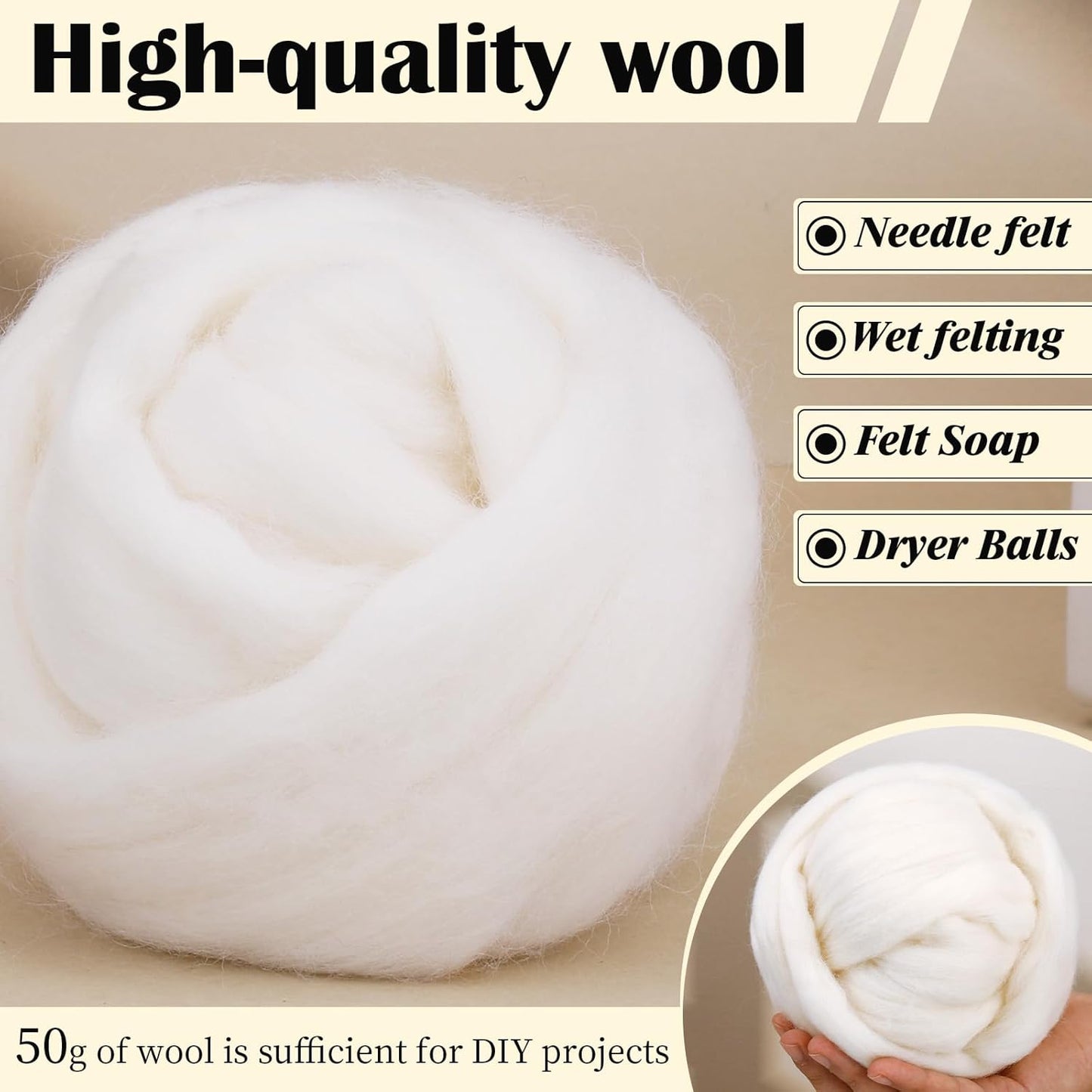 Mayboos Wool Roving Yarn, 1.76oz Colored Natural Wool Roving,Wool Felting Supplies Pure Wool Chunky Yarn for Wet Felting handcrafts and Spinning (Original White Color)