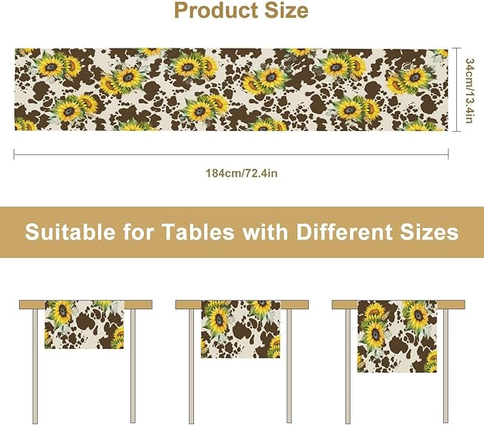 Cow Print Table Runner, Brown Sunflower Cow Print Animal Fur Skin Rustic Cowhide Pattern Table Runner for Kitchen Farmhouse Dining Home Outdoor 13x120in