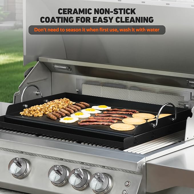 Onlyfire Universal BBQ Griddle with Handles for Charcoal/Gas Grills, Ceramic Coated Non-stick Flat Top Griddle for Outdoor Cooking, 23" x 16"