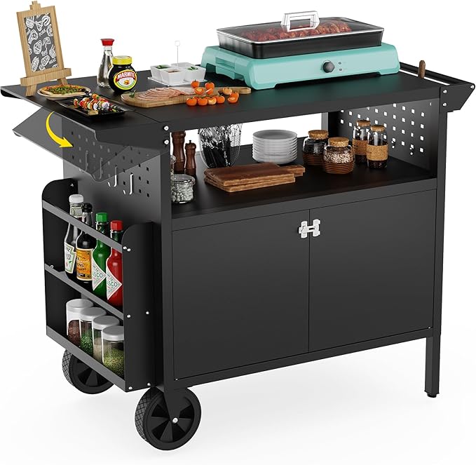 Outdoor Grill Table,Metal Grill Cart with Storage,Outdoor Bar Cart with Extension Plnel for Kitchen Prep,Patio BBQ