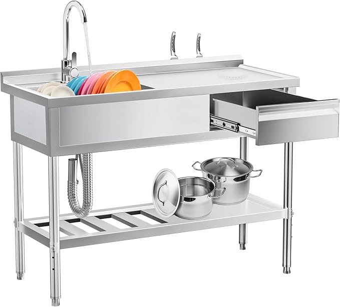 304 Stainless Steel Utility Sink – Free Standing Single Bowl with Workbench, Storage Drawer & Faucet, Hot and Cold Water Pipes for Laundry Room, Farmhouse, Outdoor Use (47")