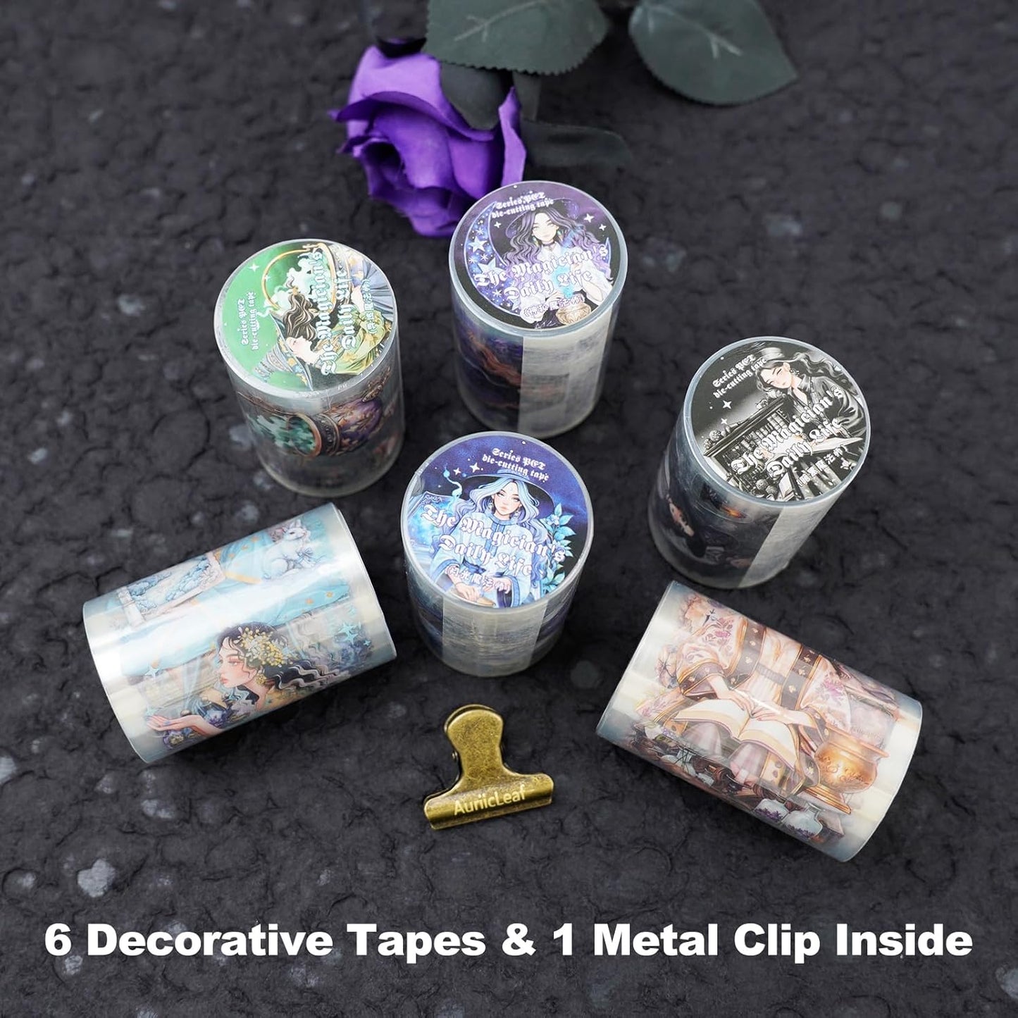 Magic-Themed PET Sticker Tape Set – 6 Rolls Pre-Cut Fantasy Witch Designs, Adhesive, with Clip for Scrapbook, Journal and DIY Decoration