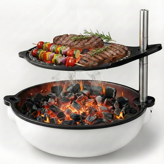 Bola Grill Traveler Portable Charcoal Grill – Small Tabletop BBQ Grill with Adjustable & Rotating Grate for Outdoor Cooking, Camping & Backyard BBQ (White)