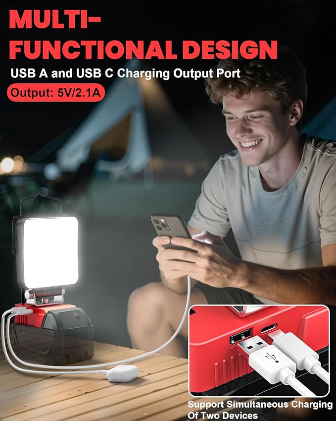 LIVOWALNY Portable LED Work Light Compatible with Milwaukee Battery, 70W 7000LM Flashlight with Low Voltage Protection and USB & Type C Charger Port, Handheld Flood Light for Construction, Emergency