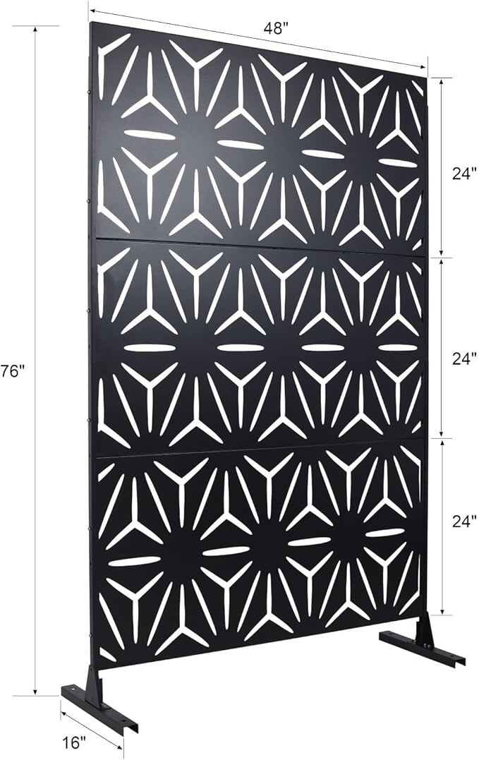 Outdoor Privacy Screen, 76" H x 48" W Decorative Metal Panel, Steel Privacy Divider with Freestanding Base, Ideal for Garden, Patio, or Balcony, Black