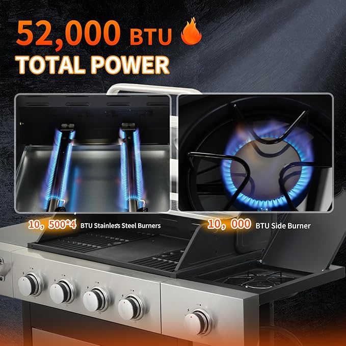 CIG GARDEN 4 Burner Propane Gas Grill with Side Burner, 52,000 BTU BBQ Grill with Cast Iron Grates and Double-layer Stainless Steel Lid, Outdoor Barbecue Grill Perfect for Balcony, Backyard, Camping