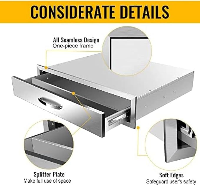 BBQ Outdoor Kitchen Drawers Stainless Steel 3-Drawer BBQ Drawer Enclosed Built-in Drawer Flush Mount for Outdoor Kitchens & BBQ Islands,30Wx23Dx6.5H